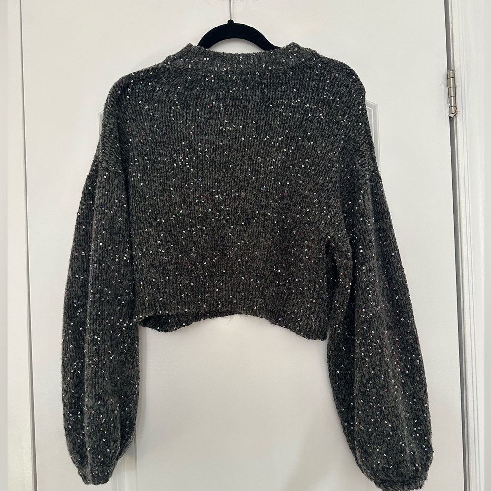 Zara Knit Cropped Sweater with Sequin Embellishments, Balloon Sleeves, Size S